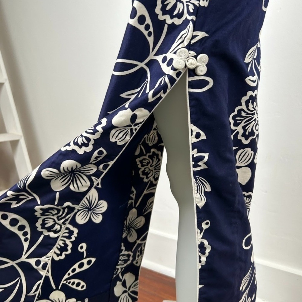 VTG 60Ss 70s Hawaiian Maxi Dress Floral White Navy Blue Side Slits Cotton SZ S - Picture 4 of 16